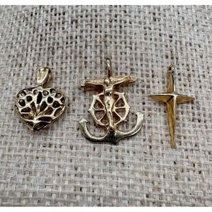 Lot of 3 Vintage 14K Gold Pendants: Filigree Heart, Crucifix Anchor & Star